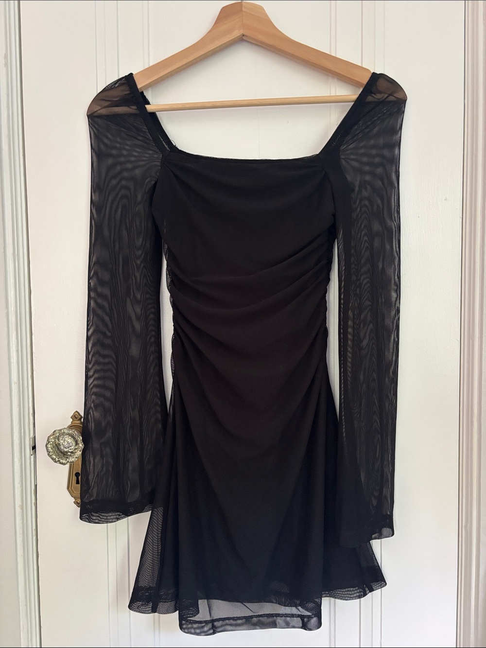 Princess Polly Black Ruched Mini Dress with sheer sleeves